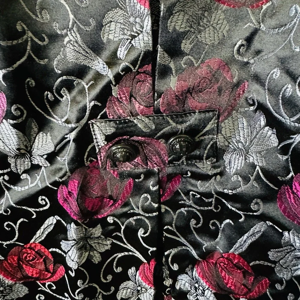 Amy‎ K Su Vintage Black Lightweight Jacket Pink Roses Women's Size L - AKS